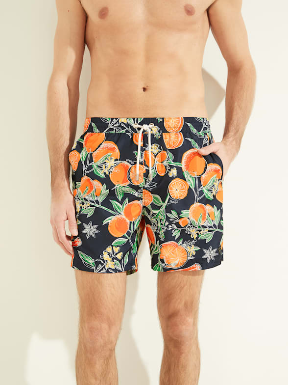 MENS SWIM SHORTS W/ RED FLORAL PRINT - PEACH