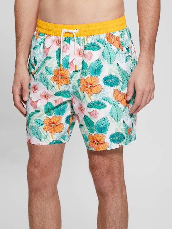 MENS SWIM SHORTS W/ RED FLORAL PRINT - PEACH