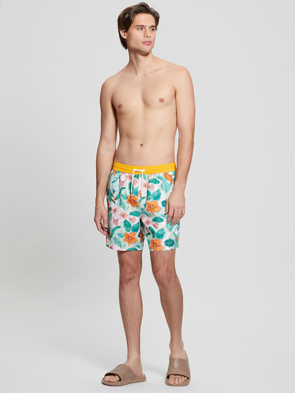 MENS SWIM SHORTS W/ RED FLORAL PRINT - PEACH