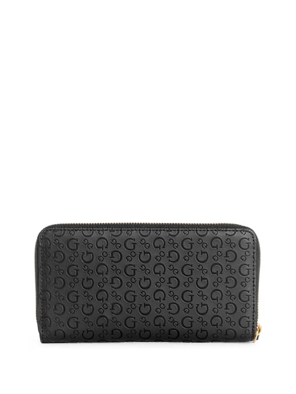 Guess Classic Signature G Monogram in Coated Synthetic Leather Zip Around  Wallet - Grey / Black Women's Long Wallet