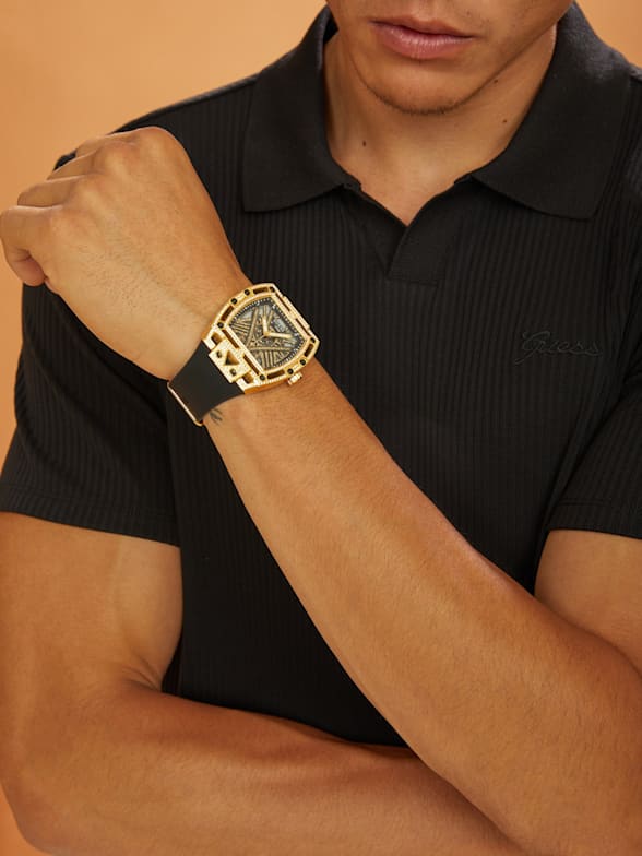 GUESS Mens Black Gold Tone Multi-function Watch