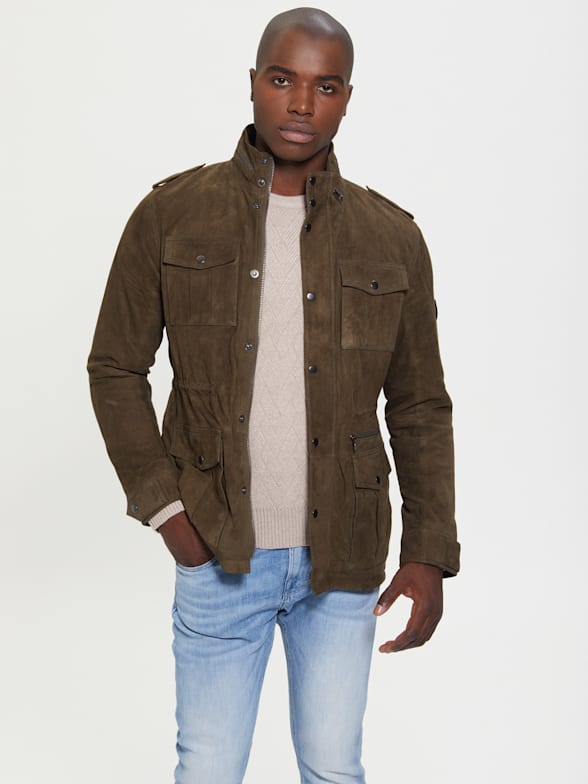 Guess brown leather jacket mens on sale