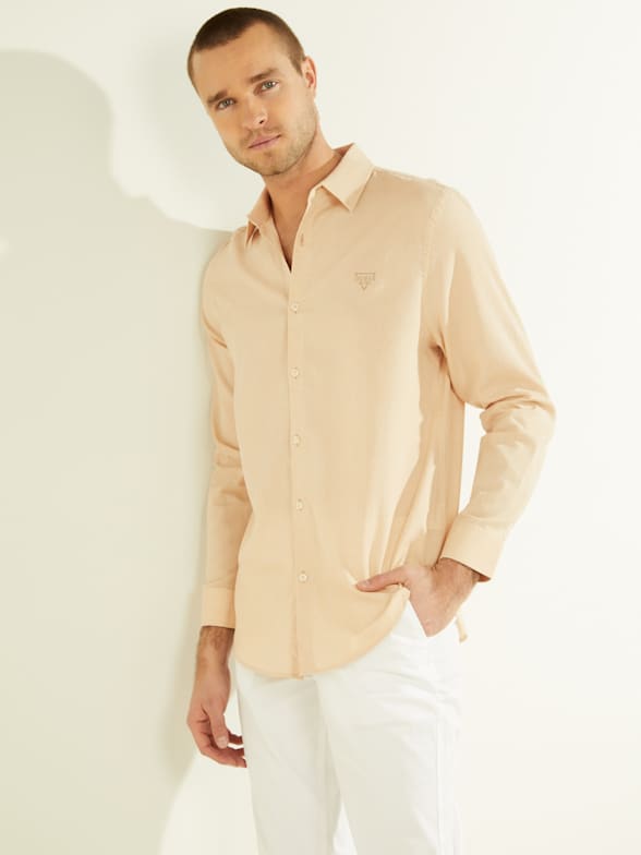 Beige Tan Viscose M Handmade Designer Italy Slim Formal Dress Button Down Mens Sport Oxford Shirt Long Sleeve Collared Business Casual