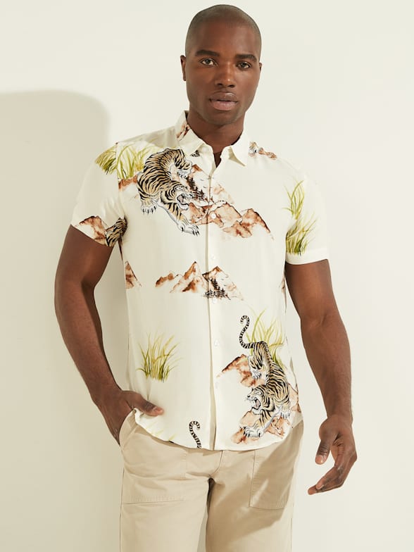 Mens Casual Shirt Slim Long Sleeves Silk Pattern Shirt,Gold,XXL,United States