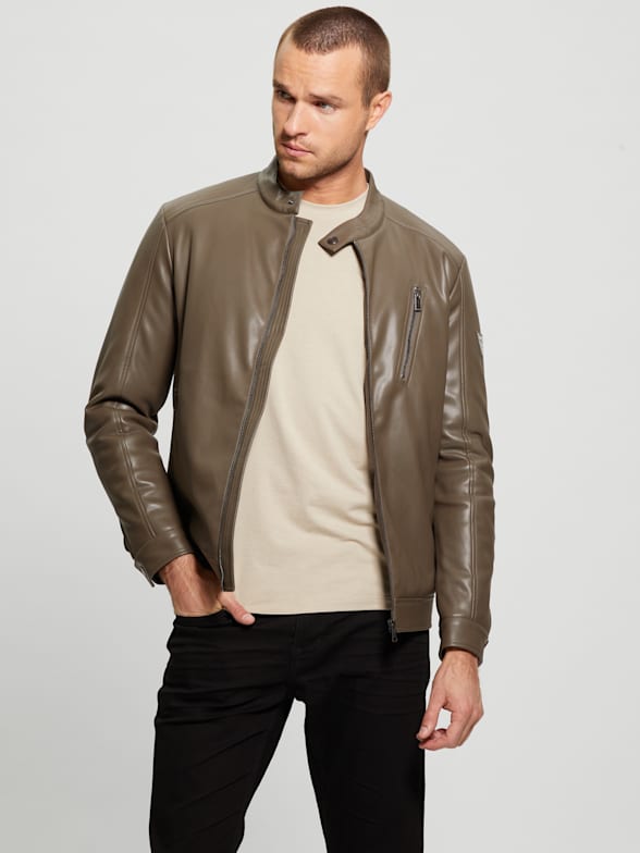 Leather biker jacket with mini monogram print brown - Men