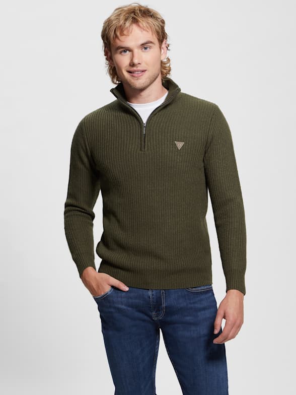 GUESS Men's Alan Long Sleeve Crew Neck Fancy Stitch Sweater, Salt White and  Blue Combo at  Men's Clothing store