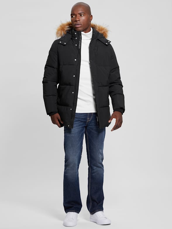 GUESS Men's Heavyweight Hooded Parka Jacket with Removable Faux Fur Trim,  Jet Black, Small at  Men's Clothing store