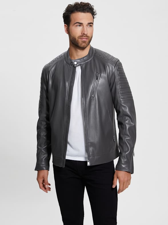Guess white leather jacket mens best sale