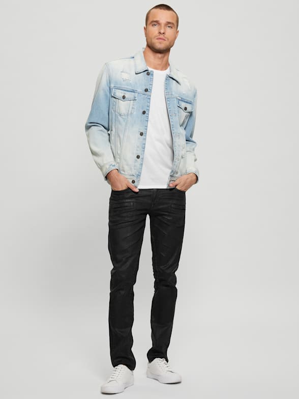 Coated Denim Slim Tapered Zip Jeans