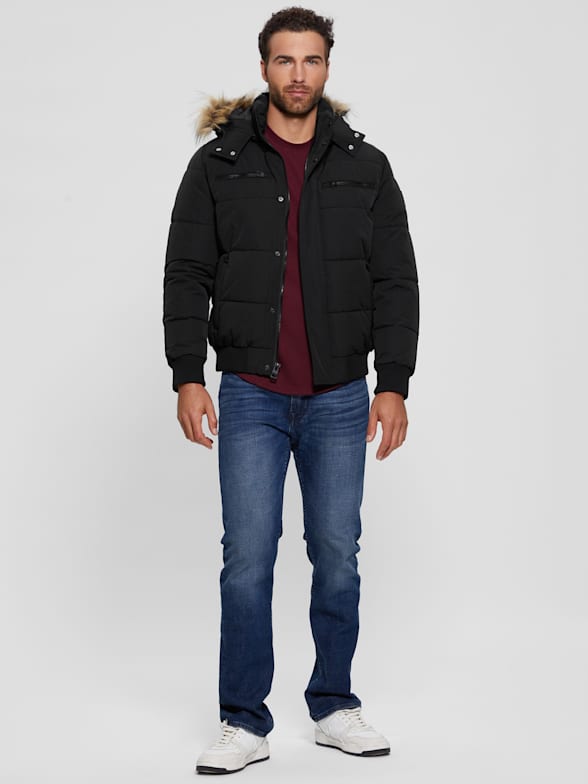 GUESS Men's Heavyweight Hooded Parka Jacket with Removable Faux Fur Trim,  Jet Black, Small at  Men's Clothing store