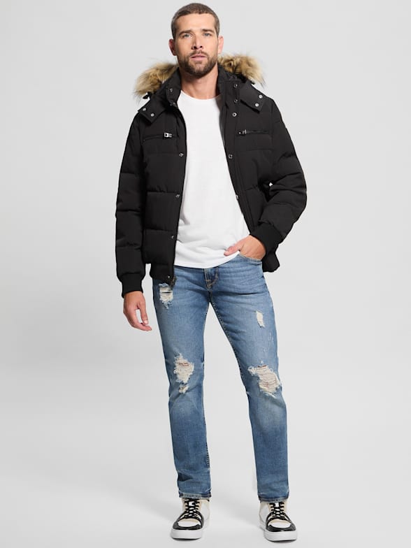 GUESS Men's Heavyweight Hooded Parka Jacket with Removable Faux Fur Trim,  Jet Black, Small at  Men's Clothing store