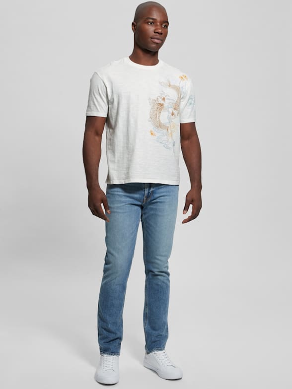 Gray and store white t shirt