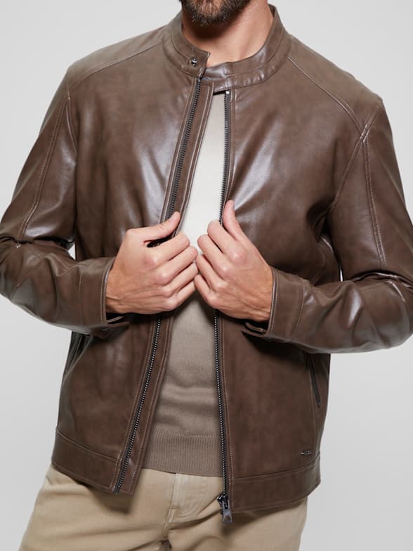 Guess tan leather jacket top