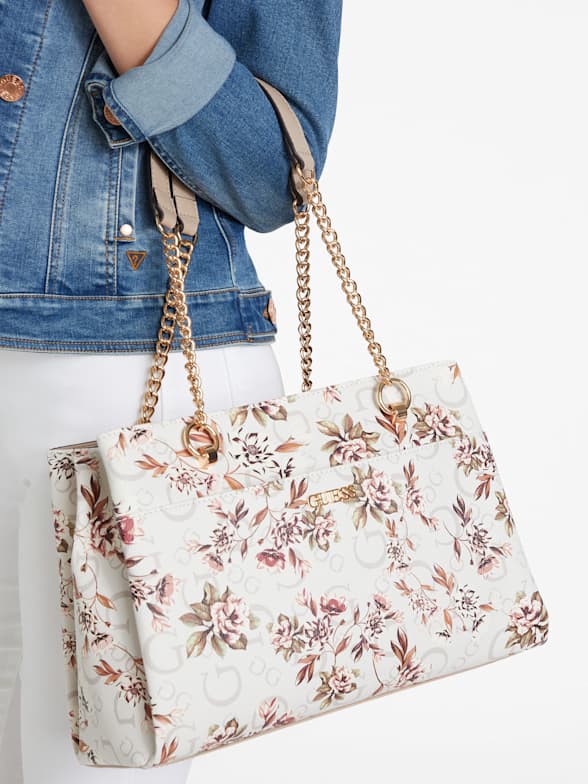White Floral Tall Dome Satchel Bag Set