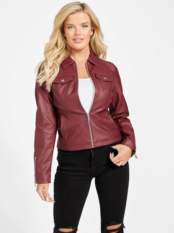 Guess red leather jacket womens top