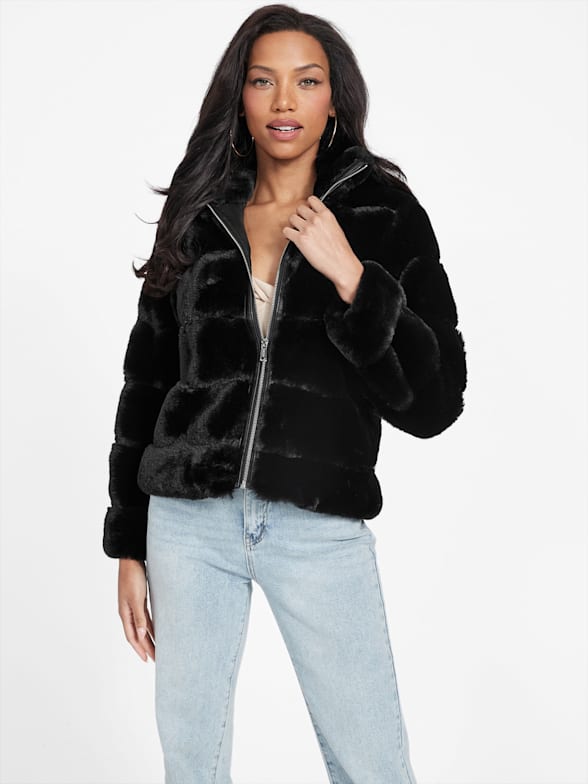 Guess Jeans Womens Long Down Jacket With Faux Fur Black Ship internationally
