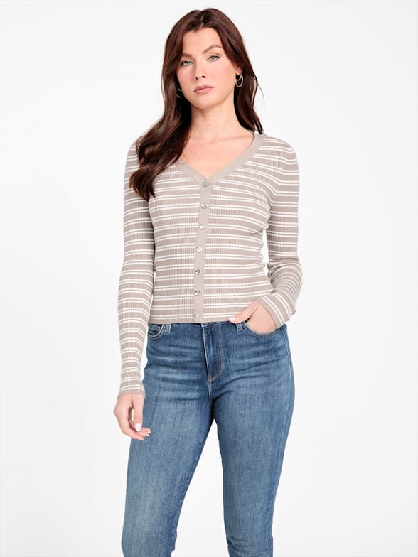 GUESS Women's Long Sleeve Wave Rib Vanessa Tank Top – Ribbed Knit Pullover In Dove White - View #4