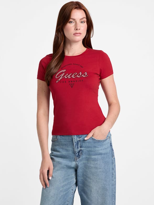 T-shirt Guess Rouge à Manches Longues - Logo En Strass - Taille 36/38 - Neuf Sans étiquettes