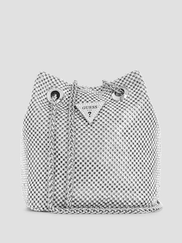 GUESS Women Black & Beige Brand Logo Print Structured Shoulder Bag