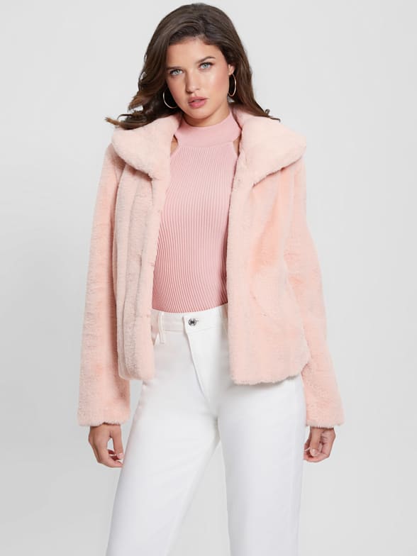 jacket, pink jacket, sneakers, faux fur coat, pink coat, shorts