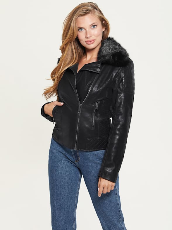 Guess women's sale black leather jacket