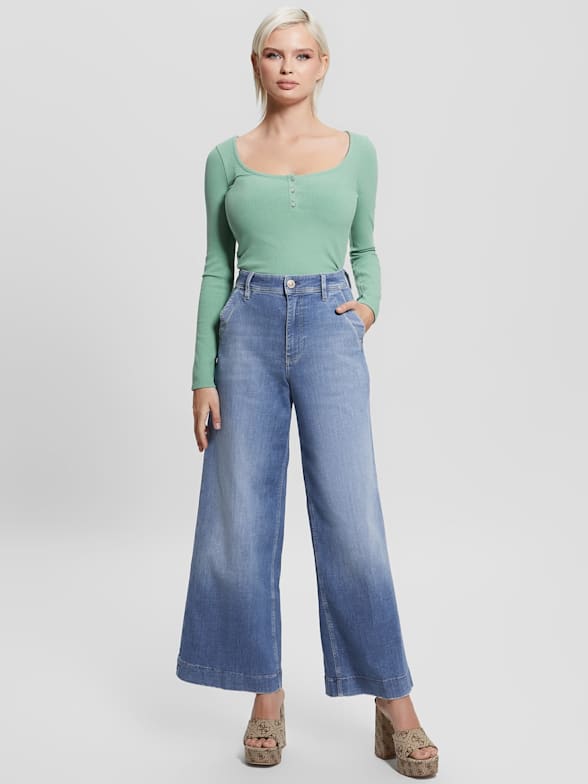 Ripped Jeans Wide Leg Pants Sexy Women Blue Jeans Flare Pants
