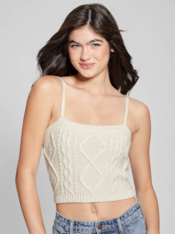Lace Eyelash Knit Fleece Lined Cami Top In WHITE