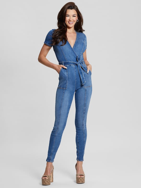 Sexy Women Ruffle Strap Denim Tie Jumpsuit Skinny Party Romper Overall Pants