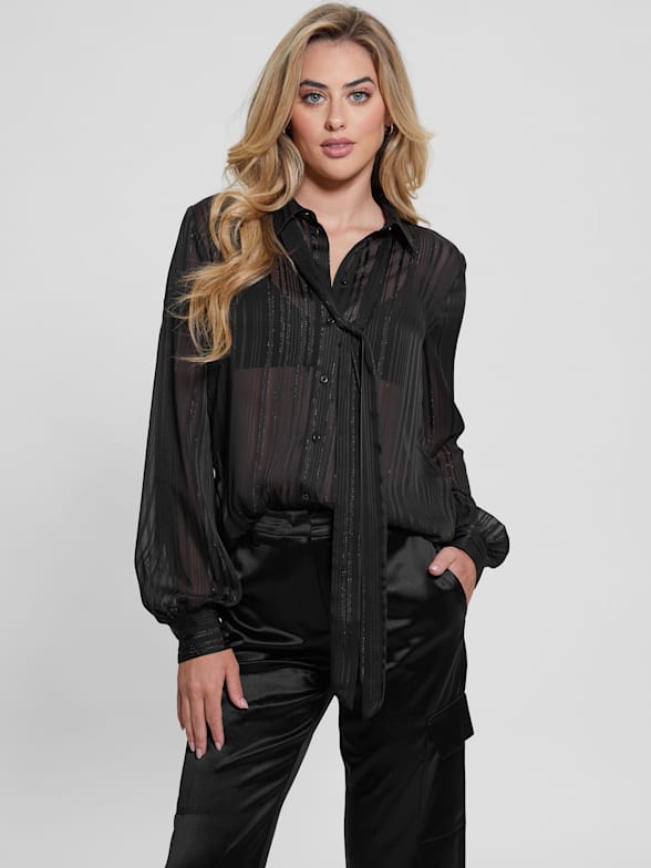Women s Blouses V Tops Prints Denim Tops GUESS Canada
