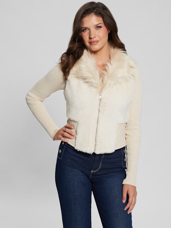 Guess white fur jacket deals