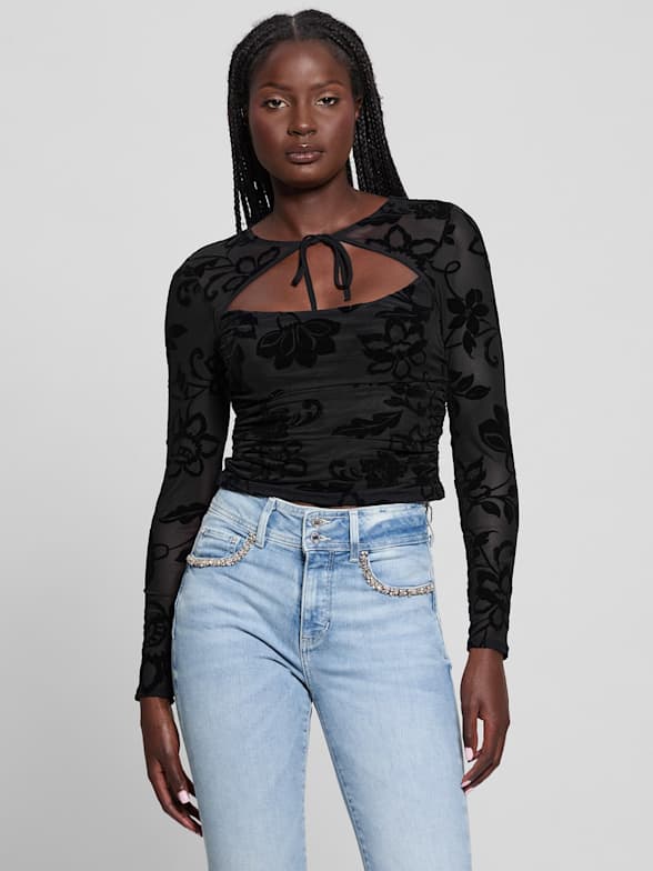 Women s Blouses V Tops Prints Denim Tops GUESS Canada