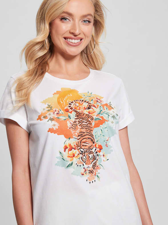 Guess graphic tees womens store