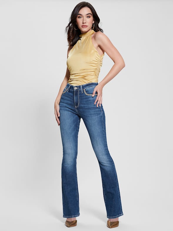 Sexy Black Low Rise Waist Jeans With Fold Flare Design For Women