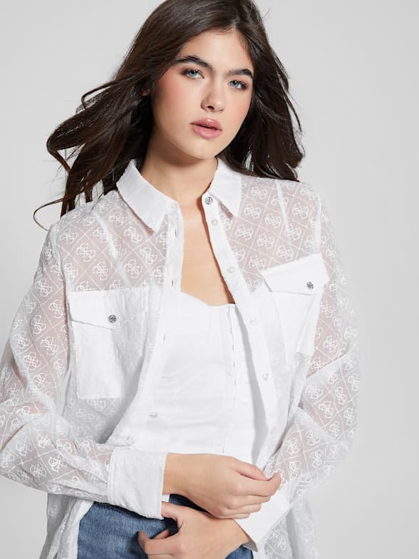 GUESS Long Sleeve Striped Lace Top, $69, GUESS