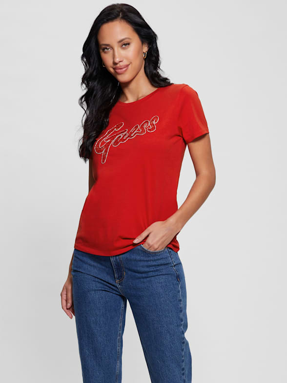 Guess red t shirt women's hotsell