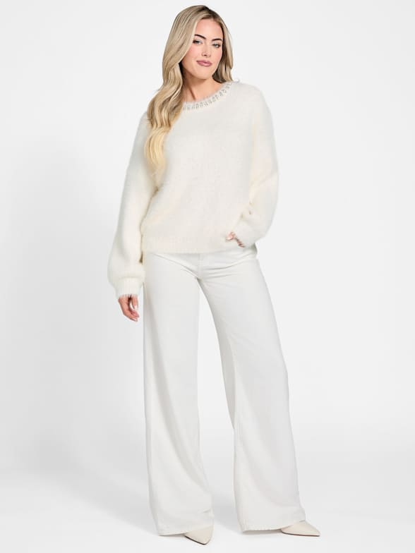 GUESS Women's Keyla Long Sleeve Cardigan - Fuzzy Yarn With Rhinestone Buttons