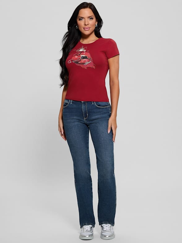Guess graphic tees womens shop
