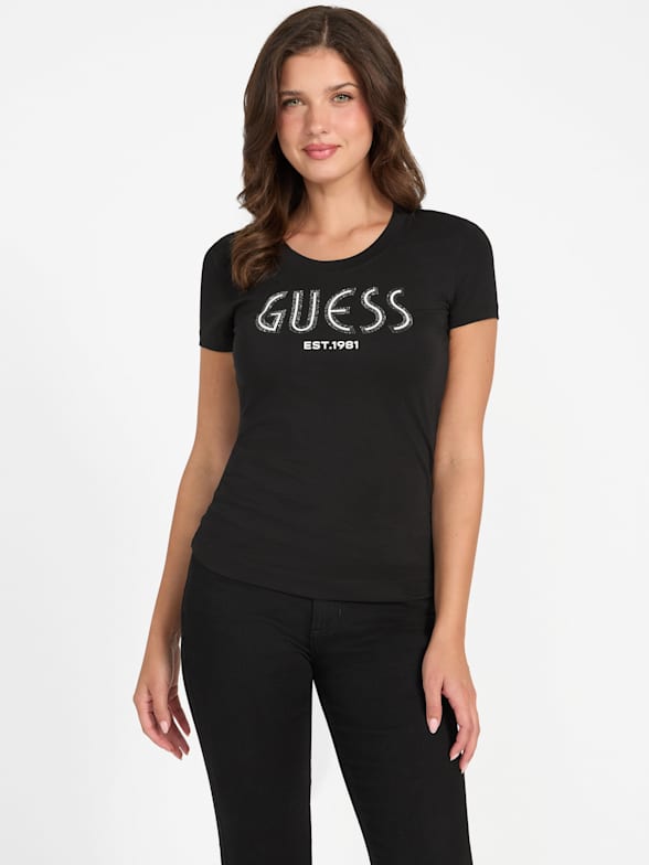 売れ筋商品|||ゲス カットソー トップス レディース Women's Bling Logo Bodysuit Jet Black A996 Skye Bodysuit