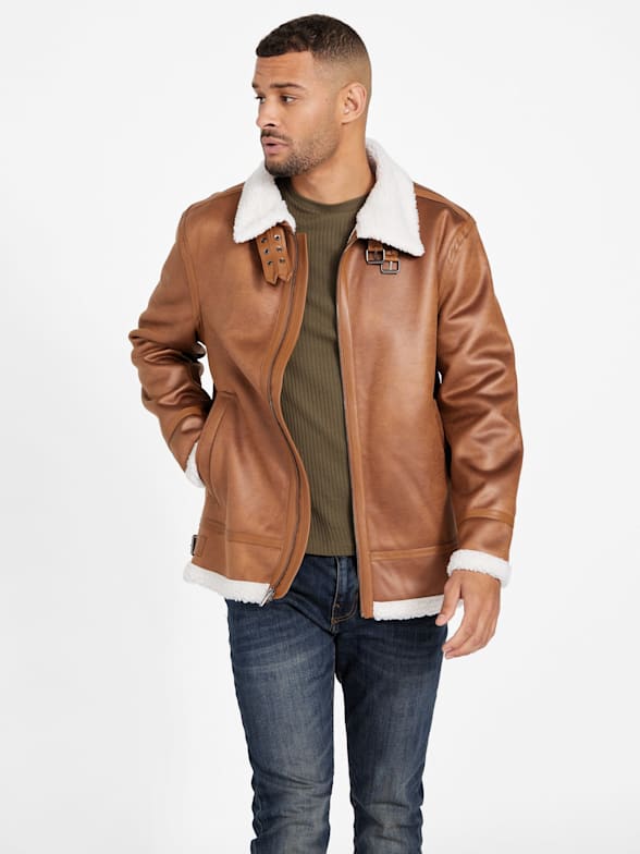 Brown leather deals jacket guess