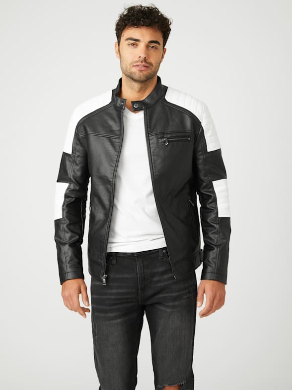 Guess black and white leather jacket hot sale
