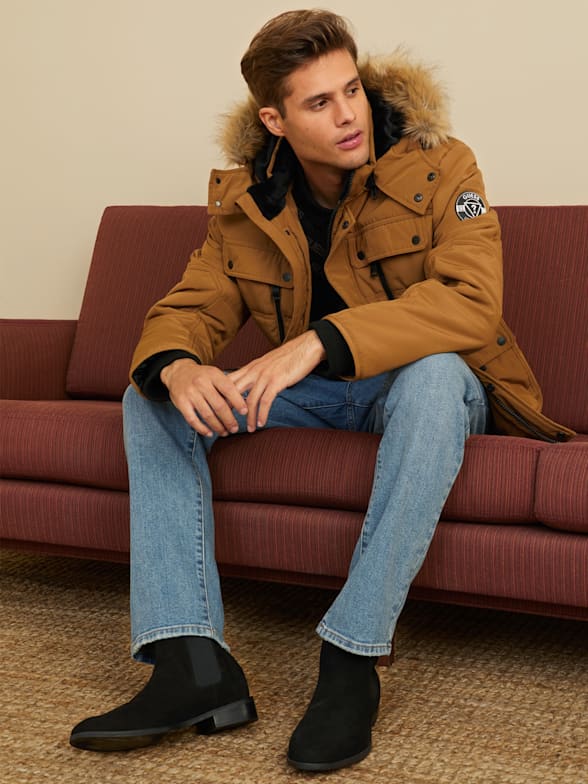 Guess leather jacket with hood mens sales
