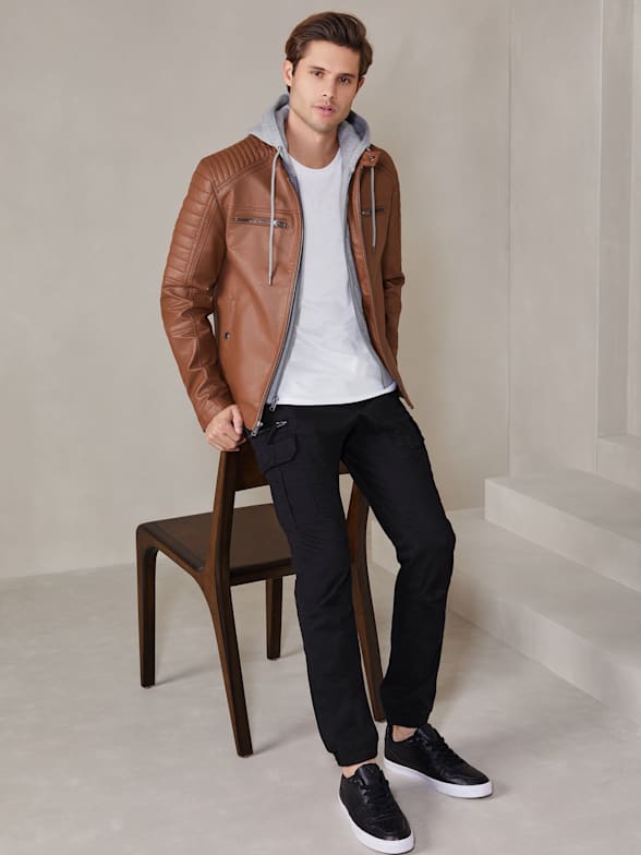 Mens leather jacket guess sale