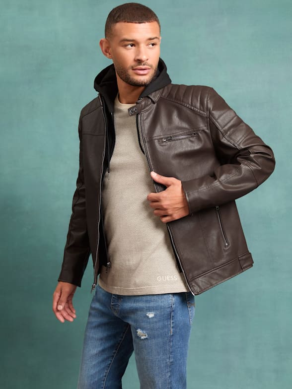 Guess brown leather jacket mens discount