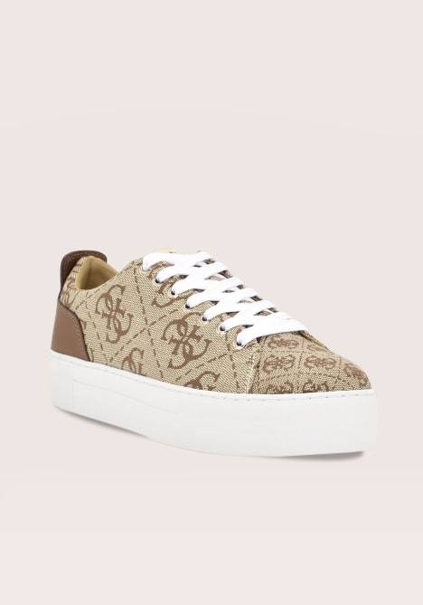 Shop women’s shoes featuring a beige logo-print sneaker.