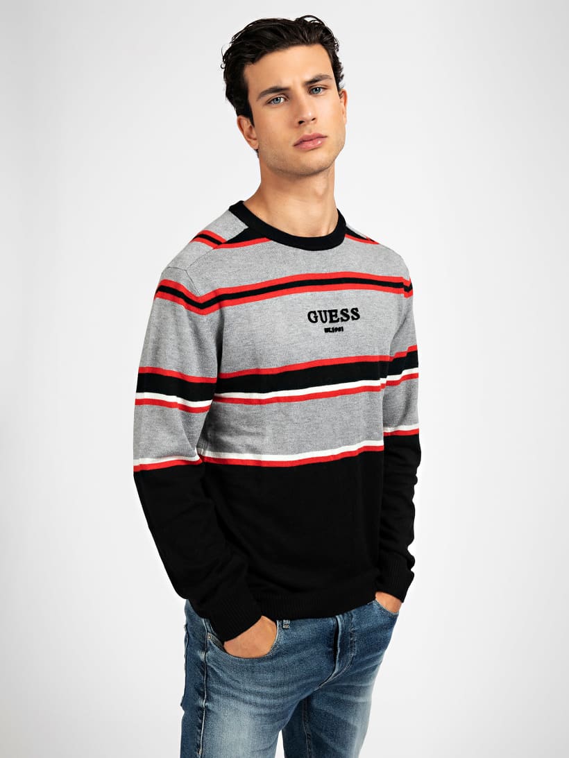 grey and black striped sweater