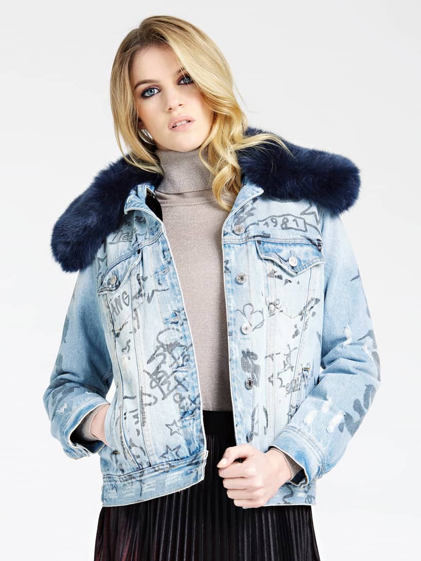 Guess denim jacket with fur Clearance